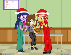 Size: 4000x3090 | Tagged: safe, artist:dieart77, sunset shimmer, twilight sparkle, oc, oc:healing touch, equestria girls, g4, checkup, christmas, clothes, exam table, hat, holiday, nurse, santa hat, scrubs (gear), sphygmomanometer, stethoscope