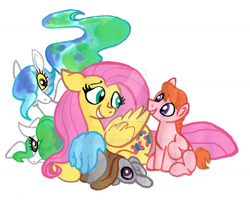 Size: 1280x1038 | Tagged: safe, artist:frankilew, fluttershy, oc, oc:hodgepodge, oc:obsurdity, oc:reason, oc:rhyme, earth pony, hybrid, pegasus, pony, g4, auntie fluttershy, colored sclera, conjoined, deviantart watermark, eyes do not belong there, female, filly, foal, grin, hair over one eye, interspecies offspring, lying down, mare, multiple legs, obtrusive watermark, offspring, parent:discord, parent:princess celestia, parents:dislestia, prone, sleipnir, smiling, traditional art, watermark, yellow sclera