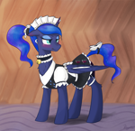 Size: 1834x1772 | Tagged: safe, artist:rayelli, derpibooru exclusive, princess luna, alicorn, pony, g4, alcohol, annoyed, bell, blushing, chest fluff, clothes, concave belly, dress, female, floppy ears, maid, maid headdress, mare, slender, solo, spread wings, thin, wine, wing hold, wings