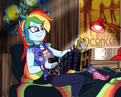 Size: 2500x2000 | Tagged: safe, artist:dncsamsonart, rainbow dash, human, equestria girls, g4, bedroom, clothes, coffee mug, desk lamp, female, indoors, mug, sitting, smiling, solo, tomboy, torn sleeves, vest, walkman