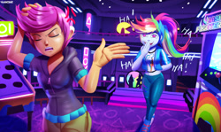 Size: 3671x2182 | Tagged: safe, artist:havochopsack, rainbow dash, scootaloo, human, equestria girls, g4, indoors