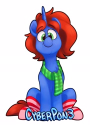 Size: 1868x2595 | Tagged: safe, artist:luximus17, oc, oc only, oc:cyberpon3, pony, unicorn, badge, clothes, eyebrows, eyebrows visible through hair, head tilt, horn, looking at you, male, scarf, simple background, sitting, smiling, smiling at you, socks, solo, stallion, striped scarf, striped socks, text, white background