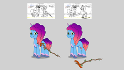 Size: 4096x2303 | Tagged: safe, lil critter workshop, misty brightdawn, pony, unicorn, attack of the bunnisus, g5, my little pony: tell your tale, leak, concave belly, download at source, downloadable, ergonomics, female, harness, horn, mare, pale belly, quadrupedal, reference used, slender, solo focus, thin, toon boom, tree branch, unshorn fetlocks