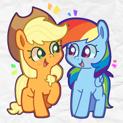 Size: 689x689 | Tagged: safe, artist:talimingi, applejack, rainbow dash, earth pony, pegasus, pony, g4, cute, dashabetes, duo, duo female, emanata, female, jackabetes, looking at each other, looking at someone, mare, open mouth, open smile, raised hoof, smiling, smiling at each other