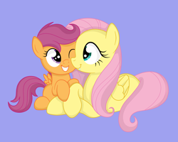 Size: 5000x4000 | Tagged: safe, artist:squipycheetah, fluttershy, scootaloo, pegasus, pony, g4, blue background, crossed hooves, duo, fangs, female, filly, foal, folded wings, happy, lying down, one eye closed, simple background, sitting, smiling, spread wings, wings