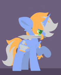 Size: 1687x2047 | Tagged: safe, artist:moonydusk, oc, oc only, oc:alloy shaper, unicorn, fallout equestria, fallout equestria: wasteland economics, braid, chest fluff, fanfic art, female, horn, mouth hold, raised leg, simple background, solo, sword, weapon