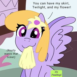 Size: 1280x1280 | Tagged: safe, artist:cosmicwaves35, drizzle, pegasus, pony, g4, my little pony: friendship is magic, the ticket master, background pony, censored, cheeky, clothes, flower, skirt, solo, text, ticket