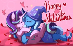 Size: 2048x1310 | Tagged: safe, artist:sakukitty, starlight glimmer, trixie, pony, unicorn, g4, blushing, cape, clothes, duo, duo female, eyes closed, female, hat, heart, holiday, horn, horns are touching, imminent kissing, lesbian, mare, nose wrinkle, ship:startrix, shipping, trixie's cape, trixie's hat, unshorn fetlocks, valentine's day