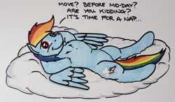 Size: 2047x1194 | Tagged: safe, artist:hoofclid, rainbow dash, pegasus, pony, g4, cloud, dialogue, female, hooves behind head, lidded eyes, lying down, lying on a cloud, mare, marker drawing, on a cloud, on back, smiling, solo, traditional art