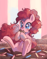 Size: 655x813 | Tagged: safe, artist:0503090, artist:psiaus, pinkie pie, earth pony, pony, g4, donut, eating, female, food, mare, sitting, smiling, solo, sprinkles