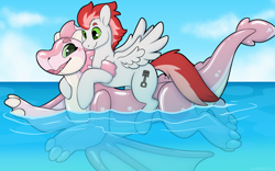 Size: 3840x2400 | Tagged: safe, artist:symrea, oc, oc only, oc:swift apex, dragon, pegasus, pony, cerisey, floating, imaginary creature factory, inflatable, inflatable toy, ocean, pool toy, riding, swimming, water, water wings