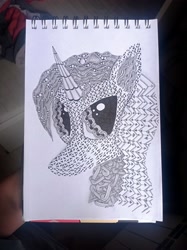 Size: 2992x4000 | Tagged: safe, artist:erisdich, oc, oc only, pony, unicorn, abstract, abstract art, abstraction, black and white, bust, ears up, eyes open, grayscale, horn, hypnosis, lineart, looking at you, modern art, monochrome, notebook, paper, pattern, pencil drawing, photo, portrait, traditional art