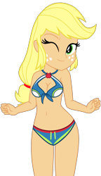 Size: 1084x1884 | Tagged: safe, artist:shieldwingarmorofgod, artist:yaya54320bases, applejack, human, equestria girls, g4, applebetes, bare shoulders, belly, belly button, bikini, breasts, busty applejack, clothes, cute, female, hatless, midriff, missing accessory, one eye closed, simple background, smiling, solo, stupid sexy applejack, swimsuit, transparent background, vector, wink