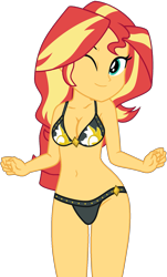 Size: 1081x1786 | Tagged: safe, artist:shieldwingarmorofgod, artist:yaya54320bases, sunset shimmer, human, equestria girls, g4, bare shoulders, bikini, breasts, busty sunset shimmer, clothes, cute, female, midriff, one eye closed, shimmerbetes, simple background, smiling, solo, swimsuit, transparent background, vector, wink