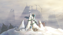 Size: 3840x2160 | Tagged: safe, artist:parab3llum, queen chrysalis, changeling, equestria at war mod, g4, building, happy, hug, snow, solo, storm