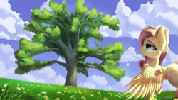 Size: 3840x2160 | Tagged: safe, artist:divori, fluttershy, pegasus, pony, g4, cloud, female, flower, grass, mare, sky, solo, tree, walking, wings