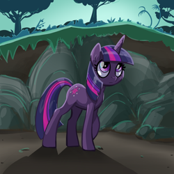 Size: 2048x2048 | Tagged: safe, artist:pfeffaroo, twilight sparkle, pony, unicorn, g4, everfree forest, female, forest, high res, horn, looking away, looking up, mare, nature, outdoors, raised hoof, rock, solo, standing, three quarter view, tree, unicorn twilight