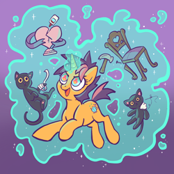 Size: 2048x2048 | Tagged: safe, artist:pfeffaroo, oc, oc only, oc:kettle chip, cat, pony, unicorn, female, glowing, glowing horn, high res, horn, levitation, magic, magic aura, mare, open mouth, self-levitation, solo, telekinesis, wingding eyes