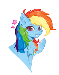 Size: 839x1063 | Tagged: safe, artist:thieftea, rainbow dash, pegasus, pony, g4, bust, chest fluff, ear fluff, female, mare, simple background, solo, spread wings, stars, white background, wings