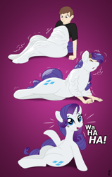 Size: 1531x2406 | Tagged: safe, artist:redpaladin, rarity, goo, human, pony, g4, absorption, bondage, emanata, encasement, eyes closed, female, human male, human to pony, male, male to female, mare, open mouth, open smile, purple background, raised hoof, rule 63, simple background, sitting, smiling, solo, transformation, transformation sequence, transgender transformation, wahaha