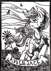 Size: 2152x3019 | Tagged: safe, artist:ph平和, applejack, earth pony, pony, g4, craft, denim, engraving, monochrome, solo