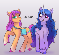 Size: 2039x1920 | Tagged: safe, artist:marsel1nushka, izzy moonbow, sunny starscout, earth pony, pony, unicorn, g5, duo, duo female, female, gradient background, horn