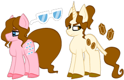 Size: 932x600 | Tagged: safe, artist:kharmacal, shady, oc, unnamed oc, earth pony, unicorn, g1, :c, >:c, blue eyes, brown eyes, brown hooves, brown mane, brown tail, duo, duo female, female, frown, horizontal pupils, horn, pink coat, pink hooves, ponytail, tail