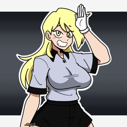 Size: 1440x1440 | Tagged: safe, artist:_mssj9, derpy hooves, human, g4, background, blonde, blonde hair, blushing, clothes, eye clipping through hair, eyebrows, eyebrows visible through hair, eyelashes, female, gloves, humanized, salute, shorts, signature, smiling, solo