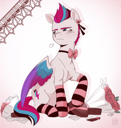 Size: 3289x3464 | Tagged: safe, artist:l211art, zipp storm, pegasus, pony, g5, bow, chocolate, choker, clothes, flower, food, holiday, makeup, rose, socks, solo, striped socks, unamused, valentine's day