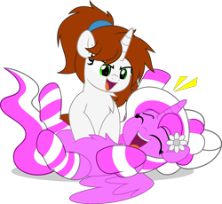 Size: 5425x5000 | Tagged: safe, artist:jhayarr23, oc, oc:cherry blossom, oc:stone, pony, clothes, cute, duo, eyes closed, female, mare, oc x oc, shipping, socks, striped socks, tickling