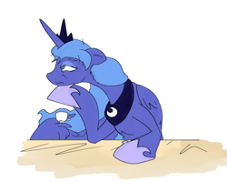 Size: 1513x1208 | Tagged: safe, artist:ponny, princess luna, alicorn, pony, g4, coffee mug, colored, hoof on chin, jewelry, mug, solo, table, tiara, tired