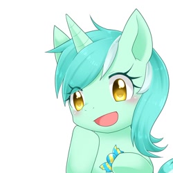 Size: 834x833 | Tagged: safe, artist:135sky, lyra heartstrings, pony, unicorn, g4, :d, blushing, candy, female, food, hoof on cheek, horn, mare, open mouth, open smile, simple background, smiling, solo, upper body, white background