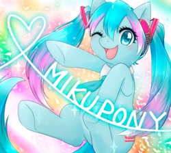 Size: 1623x1453 | Tagged: safe, artist:135sky, earth pony, pony, :d, blushing, female, gradient background, hatsune miku, heart, mare, multicolored background, one eye closed, open mouth, open smile, ponified, smiling, solo, vocaloid, wink