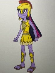 Size: 3024x4032 | Tagged: safe, artist:dylanwayneburk, sci-twi, twilight sparkle, human, equestria girls, g4, my little pony: friendship is magic, season 5, armor, armor skirt, athena, athena sparkle, costume, fantasy class, female, halloween, halloween costume, helmet, holiday, missing accessory, nightmare night costume, no glasses, simple background, skirt, solo, traditional art, warrior