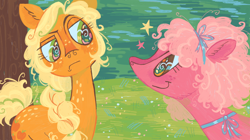 Size: 1454x817 | Tagged: safe, artist:peaceandlove26, applejack, pinkie pie, earth pony, pony, g4, alternate design, duo, episode needed, scene interpretation