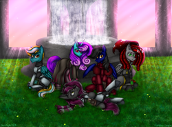 Size: 3400x2500 | Tagged: safe, artist:darklight1315, artist:dm4ever_dragon, oc, oc only, oc:night, oc:raven, oc:rescue mushroom, oc:roscoe mushroom, oc:starless tundra, oc:windwave, bat pony, crystal pony, crystal unicorn, pegasus, pony, unicorn, wolf, wolf pony, fallout equestria, armor, boots, clothes, combat armor, dandelion, ear fluff, fallout equestria: dark delirium, fangs, female, fountain, grass, green eyes, hat, horn, looking at you, male, mare, orange eyes, pipbuck, red eyes, scar, scarf, shoes, smiling, smiling at you, stallion, trenchcoat, water, window, yellow eyes