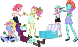 Size: 4007x2449 | Tagged: safe, artist:ironm17, dahlia, fifi (g5), jazz hooves, onyx, posey bloom, windy, human, equestria girls, g4, g5, beret, boots, bottle, bow, bracelet, cap, clothes, cooler, dress, drink, drinking, equestria girls-ified, eyes closed, flower, flower in hair, g5 to equestria girls, g5 to g4, generation leap, hair bow, hat, humanized, jewelry, looking at each other, looking at someone, necklace, sandals, scarf, shirt, shoes, short sleeves, shorts, shoulderless, simple background, skirt, sleeveless, sleeveless dress, summer dress, t-shirt, tank top, transparent background, tube top, vector