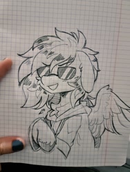 Size: 768x1024 | Tagged: safe, artist:lunylin, pegasus, pony, clothes, eyebrows, eyebrows visible through hair, graph paper, hoodie, monochrome, shading, solo, spread wings, sunglasses, traditional art, wings