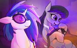 Size: 3613x2284 | Tagged: safe, artist:sleepyhoers, dj pon-3, octavia melody, vinyl scratch, cat, earth pony, pony, unicorn, fanfic:the things tavi says, g4, bowtie, curtains, fanfic art, female, horn, mare, petting, sitting, smiling, synesthesia, talking, vinyl's glasses, window