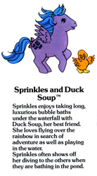 Size: 550x1000 | Tagged: safe, duck soup, sprinkles (g1), bird, duck, pegasus, pony, g1, my little pony fact file, official, bow, cute, female, flying, g1 backstory, g1 sprinklebetes, mare, smiling, solo, soupabetes, tail, tail bow, trademark