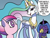 Size: 1999x1510 | Tagged: safe, idw, princess cadance, princess celestia, prismia, alicorn, pony, unicorn, g4, my little pony: rise of cadance, crown, ears, female, females only, hoof on face, horn, jewelry, lidded eyes, looking at each other, looking at someone, multicolored hair, multicolored mane, open mouth, pink body, pink fur, ponytail, purple body, purple fur, regalia, smiling, starry eyes, tail, wingding eyes