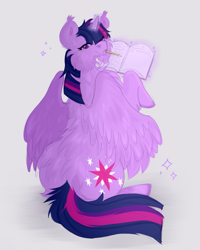 Size: 1717x2146 | Tagged: safe, artist:flaill, twilight sparkle, alicorn, pony, g4, book, female, fluffy, glowing, glowing horn, horn, levitation, looking at you, looking back, looking back at you, magic, mare, mouth hold, pencil, sitting, solo, telekinesis, twilight sparkle (alicorn)