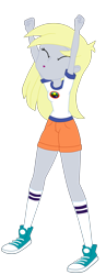 Size: 1928x4992 | Tagged: safe, artist:gmaplay, derpy hooves, human, equestria girls, g4, my little pony equestria girls: legend of everfree, adoraderpy, camp everfree logo, camp everfree outfits, clothes, derpybetes, happy, shorts, solo