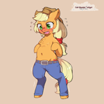 Size: 1500x1500 | Tagged: safe, artist:cold-blooded-twilight, applejack, earth pony, pony, g4, belly, belly button, bipedal, blushing, chest fluff, chubby, clothes, denim, emanata, embarrassed, female, freckles, jeans, mare, open mouth, pants, plewds, shivering, solo, tight clothing