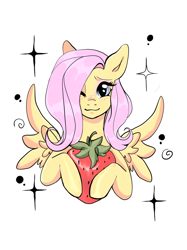 Size: 1662x2217 | Tagged: safe, artist:heiure, fluttershy, pegasus, pony, g4, bust, female, food, holding, looking at you, mare, one eye closed, simple background, smiling, solo, spread wings, strawberry, white background, wings, wink