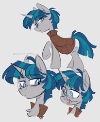 Size: 1214x1472 | Tagged: safe, artist:crimmharmony, stygian, pony, unicorn, g4, colored sketch, gray background, horn, lidded eyes, looking at you, looking back, looking back at you, male, open mouth, raised hoof, simple background, sketch, solo, stallion, thin, tired