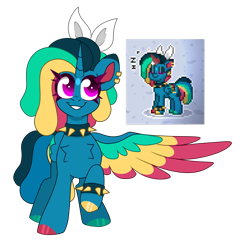 Size: 3179x3233 | Tagged: oc name needed, safe, artist:crazysketch101, oc, oc only, alicorn, pony, bow, bracelet, chest fluff, choker, coat markings, collar, colored eartips, colored pinnae, colored wings, dreadlocks, ear piercing, earring, facial markings, female, grin, hair bow, jewelry, magenta eyes, mare, mismatched hooves, multicolored wings, one wing out, onomatopoeia, piercing, raised hoof, simple background, smiling, solo, sound effects, spiked choker, spiked wristband, star (coat marking), transparent background, wings, wristband, zzz