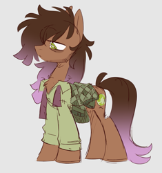 Size: 1093x1161 | Tagged: safe, artist:crimmharmony, oc, oc only, oc:be sharp, earth pony, brown coat, clothes, colored sketch, earth pony oc, facial hair, gray background, green eyes, male, simple background, sketch, solo, stallion, standing, tired