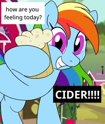 Size: 850x1000 | Tagged: safe, artist:unitxxvii, rainbow dash, pegasus, pony, g4, cider, cider dash, female, grin, hoof hold, looking at you, mare, screencap background, smiling, smiling at you, solo, sweet apple acres