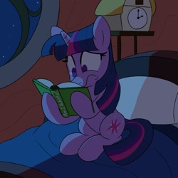 Size: 1000x1000 | Tagged: safe, artist:unitxxvii, twilight sparkle, pony, unicorn, g4, bed, book, bookhorse, female, frown, golden oaks library, hoof hold, horn, indoors, mare, night, on bed, reading, sitting, sitting on bed, solo, unicorn twilight, worried